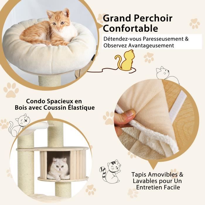 Arbre à Chat XXL 152 Cm En Bois - 4 Plateformes, 2 Condos, Panier, Poteaux Sisal - Pour Chats Et Chatons - Coussin Lavable