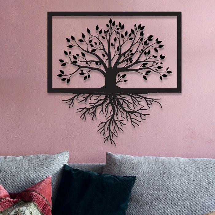 Décoration Murale Arbre De Vie En Métal - 80x80cm - Noir, Revêtement Poudre - Style Minimaliste - Pour Salon, Chambre