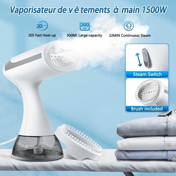 Défroisseur Vapeur Portable 1500W - 300ml, Chauffage 30s, Vapeur Continue, Brosse Anti-Poussière, Idéal Voyage & Maison Pour Tous Tissus