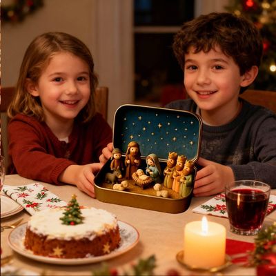 Crèche De Noël Miniature En Boîte En Fer - Figurines En Résine - 9,5x6 Cm - Décoration De Table Religieuse
