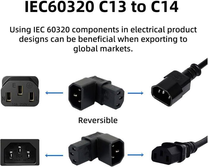 Câble D'Alimentation Angle Droit 90° IEC Mâle C14 Vers IEC Femelle C13 - Neuf, 10A, 0.11 Lbs