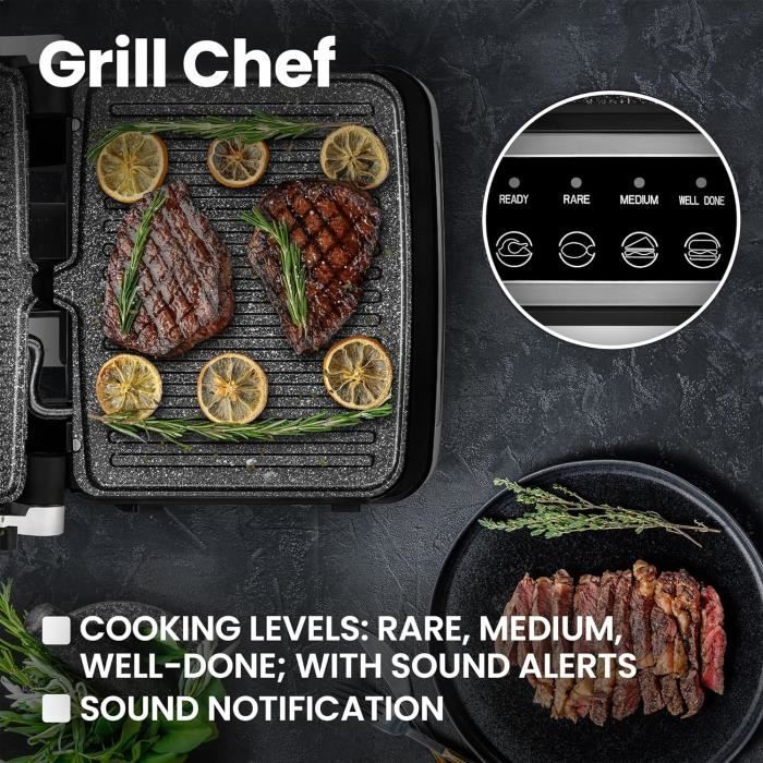 ZEEGMA Grill Électrique 2en1 2100W - Grille-Pain Avec Plaques Amovibles Antiadhésives, Ouverture 180°, Minuterie & Notifications (Silver)