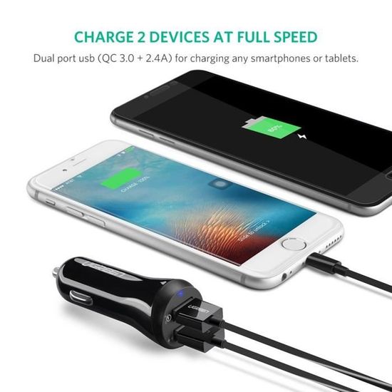 UGREEN 90W Chargeur Rapide Voiture Allume Cigare USB Compatible avec Quick Charge 3.0 5V 2,4A Supporte Galaxy S9 S8 Huawei P20 iPhone X 8 7 Honor 8X iPad GPS Transmetteur FM Caméra de Voiture 
