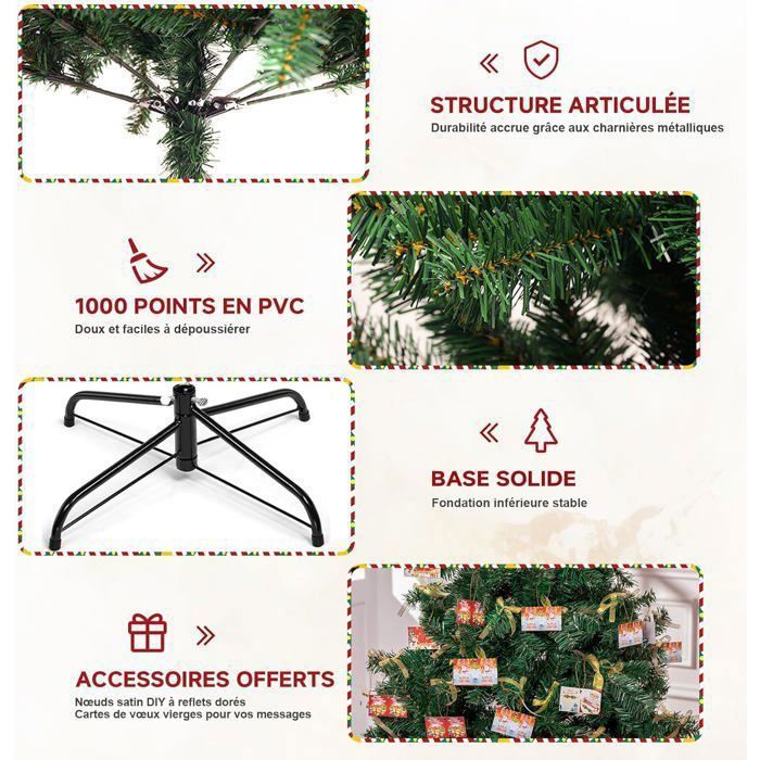 Sapin De Noël Artificiel 195 Cm – 1000+ Branches PVC, Déploiement Automatique, Support Stable, Vert
