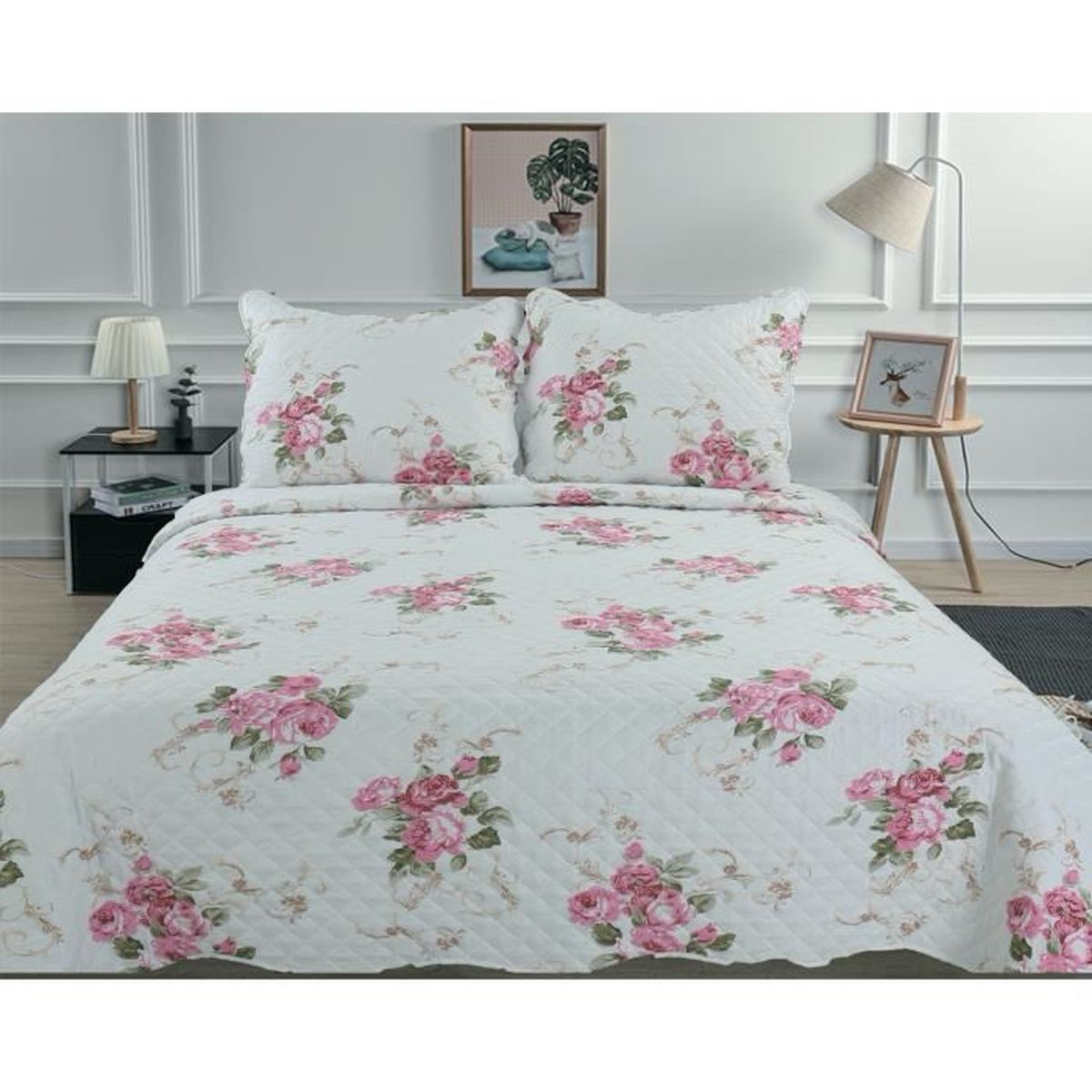 Couvre-lit Boutis Autrefois Mimosa 230x250cm + 2 Taies - Microfibre Parme - Lavable Machine