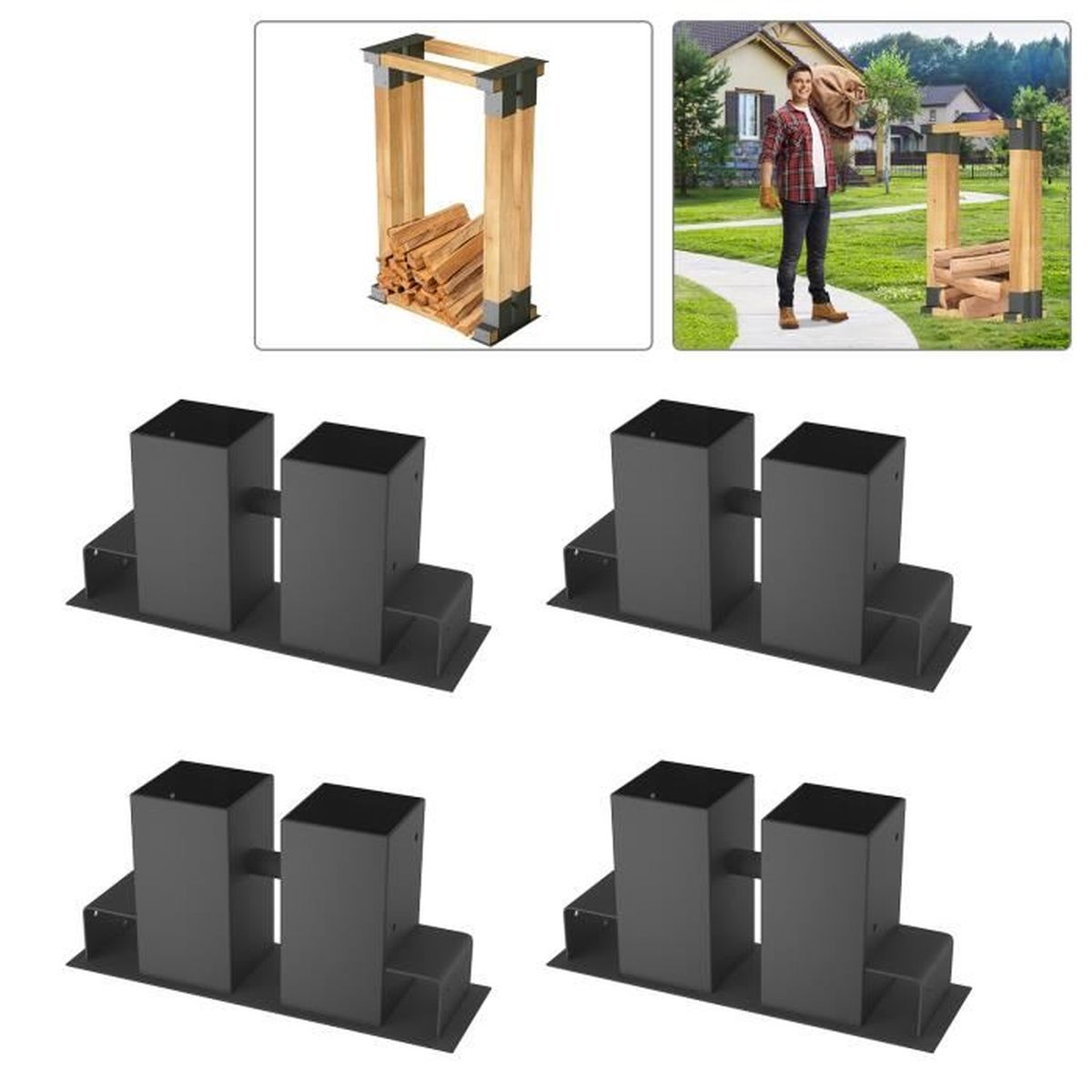 Randaco Lot De 4 Supports D'Empilage Bois De Chauffage - Cadre Robuste Intérieur Extérieur Noir