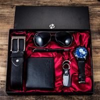 Coffret cadeau montre homme + lunettes de soleil homme + ceinture + portefeuille + stylo + porte-clés lot de 6 coffret cadeau homme