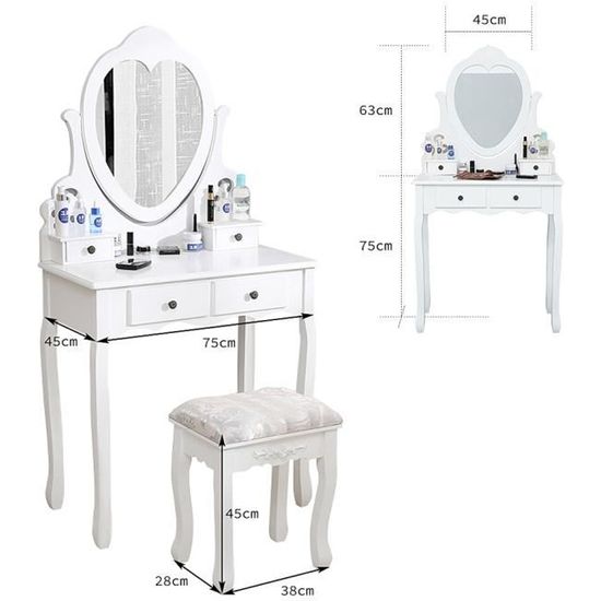 Blanc, coiffeuse - miroir, avec tabouret, avec 4 tiroirs - style minimaliste nordique