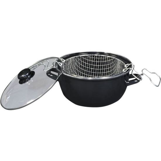 Promo Friteuse Noire 26 Cm Avec Panier Et Couvercle En Verre Baumalu