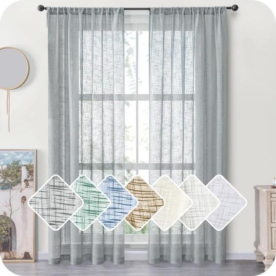 AJW-Voilage De Fenêtre Rideaux Passe Tringle Draperies Voile En Lin Avec Motif De Croix Décor De