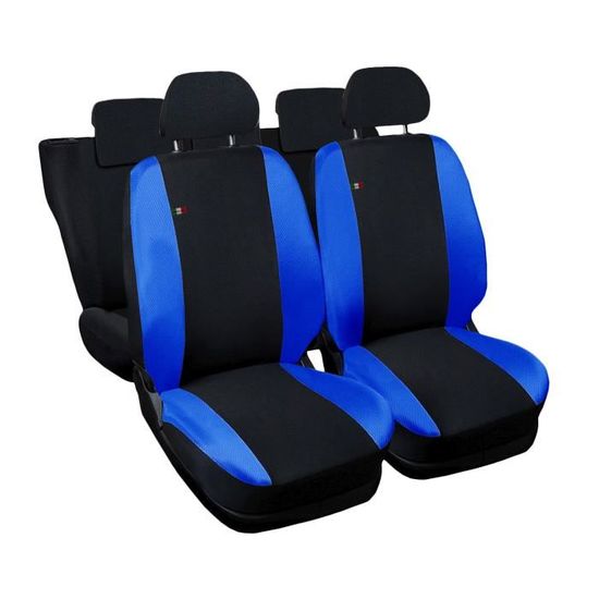 Housses De Siège Peugeot 107 - Tissu Coton, Couleur Noir/bleu - Inclut Sièges Avant, Appuis-tête Et Siège Arrière