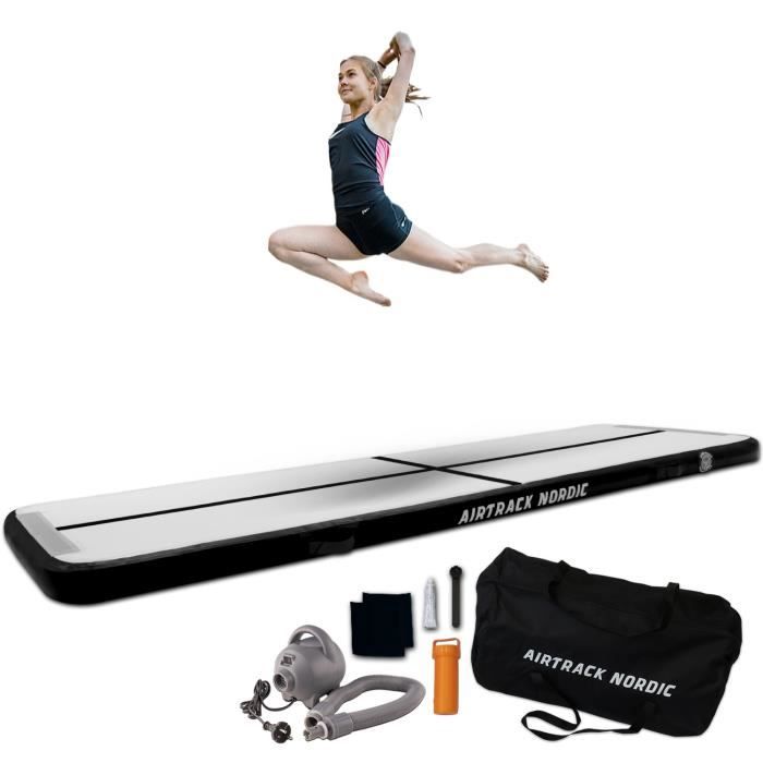 AirTrack Nordic Home 3m Tapis de Gym Gonflable - avec pompe à air électrique, idéal pour la gymnastique, le yoga - Noir