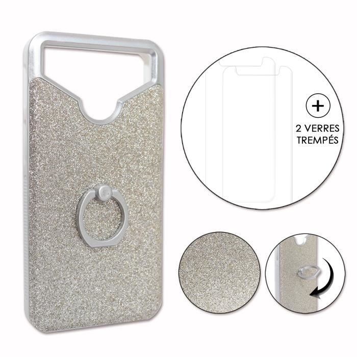 Wiko U Pulse PACK Coque arrière argent strass avec bague + 2 verres trempés Dureté MAXIMALE
