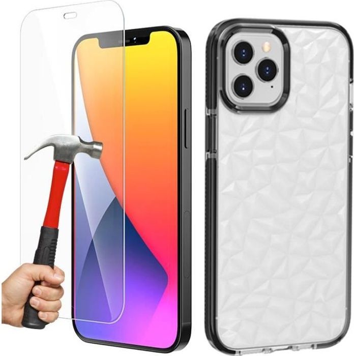 Coque Silicone + Protection d'écran pour iPhone 12 Pro Max, Antichoc Solide 3D Élégant Motif Diamant - Noir