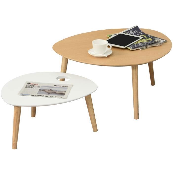 Lot de 2 tables basses gigognes design scandinave bicolore bois clair blanc pieds effilés bois massif hévéa 74x63x36cm Beige