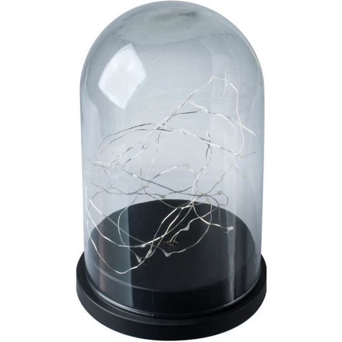 TABLE PASSION - CLOCHE VERRE SOCLE METAL 16 X H 26 CM + GUIRLANDE 30 MINI LED DECO