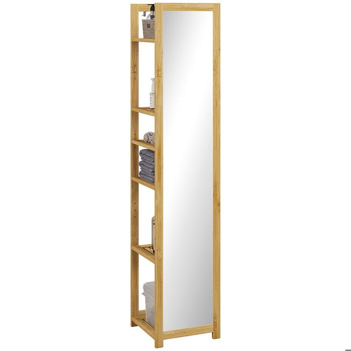 Meuble colonne de salle de bain HOMCOM en bambou avec miroir meuble multi-rangements 6 étagères naturel 35L x 35l x 168H cm Meuble colonne de salle de bain HOMCOM en bambou avec miroir meuble multi-rangements 6 étagères naturel 35L x 35l x 168H cm