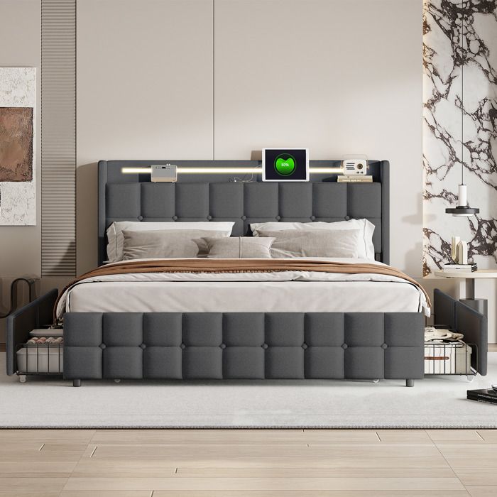 Lit Double 160x200 Avec LED Et USB - Tête De Lit Rembourrée - 4 Tiroirs De Rangement - Sommier Intégré