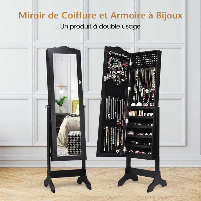 COSTWAY Armoire à Bijoux sur Pied 160 CM avec Miroir 2 Organiseurs Cosmétiques Amovibles Angle Réglable Porte à Clé Noir
