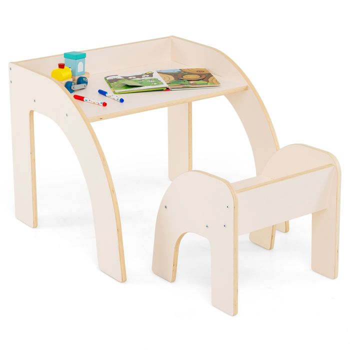 COSTWAY Table et Chaise dActivité pour Enfants 3+ Ans avec Grand Plateau Bords Arrondis pour Crèche Salle de Jeu Blanc