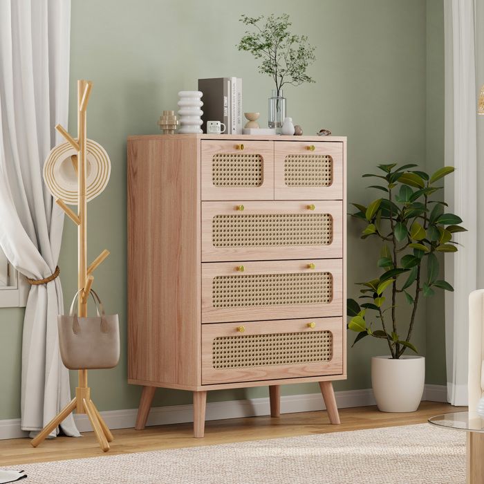 Buffet Buffet Bas Buffet Bahut de Salon 60x34x91 cm Commode Moderne Armoire de Cuisine 5 Tiroirs en Rotin Meuble de