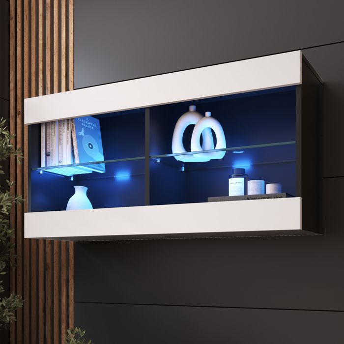 Komodee Vitrine Suspendue Horizontal Tivoli - Blanc Noir - 100 x 50 x 29 cm - LED Bleues