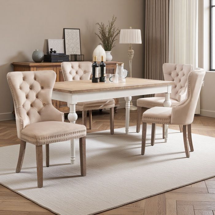 Lot de 4 chaises de salle à manger en velours avec clous en osier chaise beige de bureau style scandinave pour salon chambre