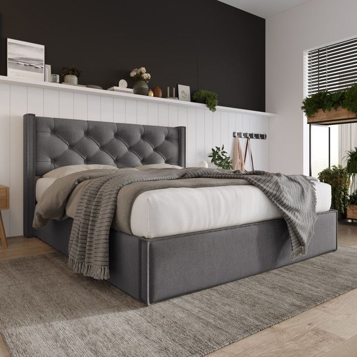 Lit double 140x200cm coton avec hydraulique rangement et sommier à lattes en métallit coffre adulte avec cadre de litgris