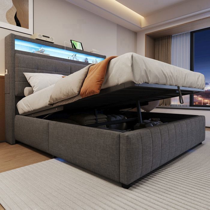 Lit 2 Personnes 160x200 cm avec éClairage LED et Prise USB Structure de Lit avec TêTe de Lit en Lin Lit Double Gris