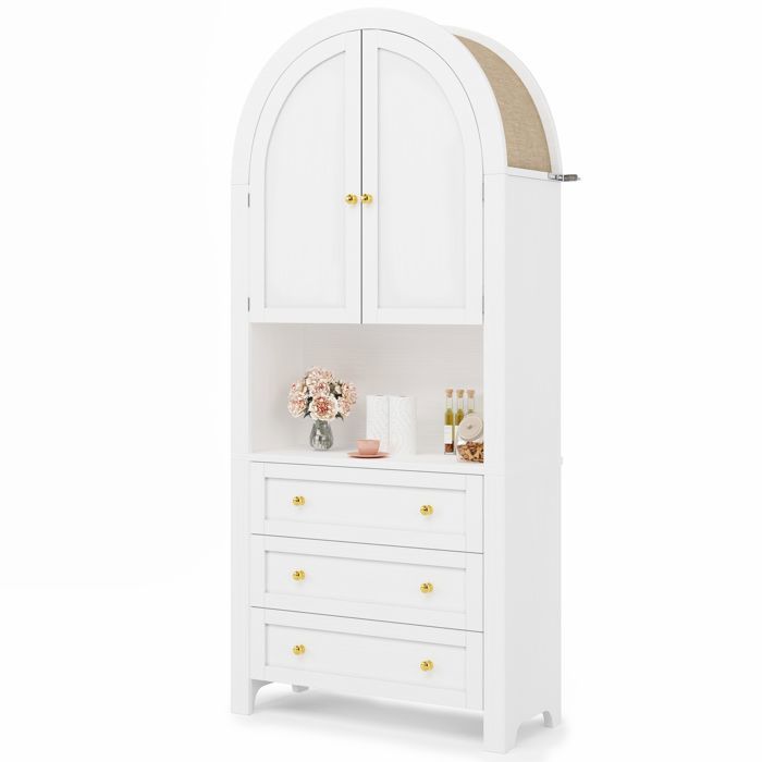 Armoire de Rangement Haute en Arc Avec Tiroirs et Portes Buffet Cuisine Moderne Meubles de Rangement 70 x 35 x 180 cm Blanc