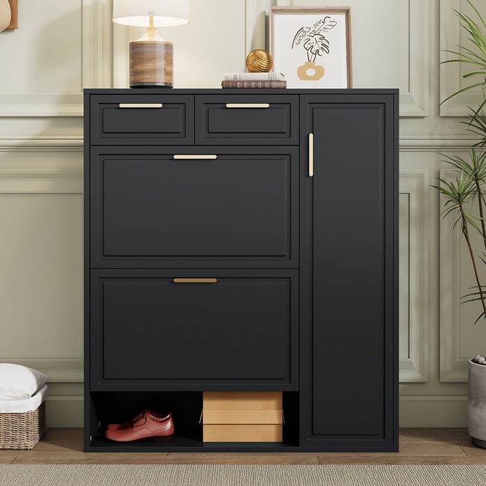 Meuble à chaussures moderne avec étagères réglables tiroirs et portes poignées dorées Noir L95xP24xH107 cm
