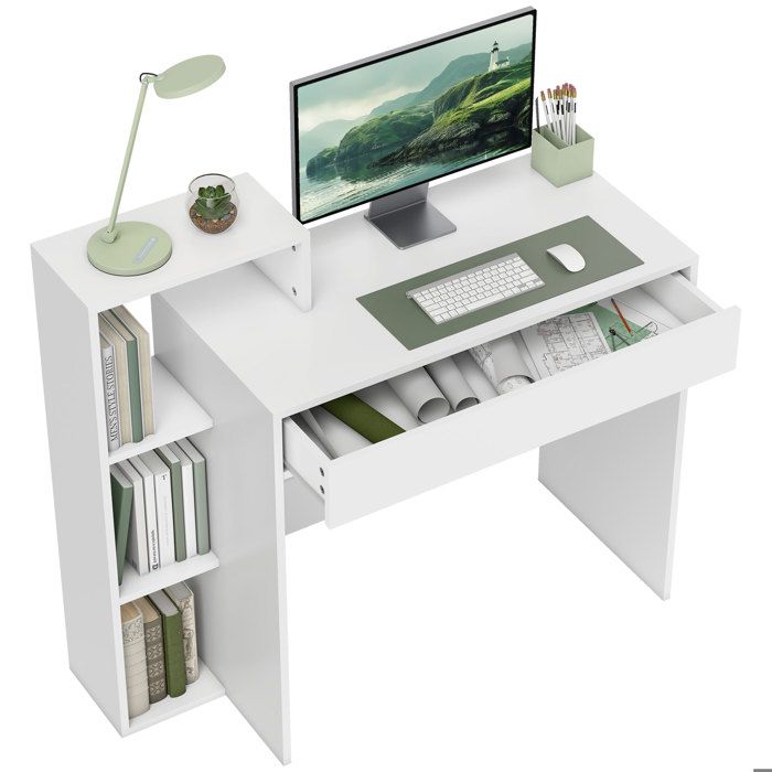 Bureau avec rangement - HOMCOM - 3 étagères de rangement et tiroir - panneau de particules - 100 x 40 x 90 cm - blanc