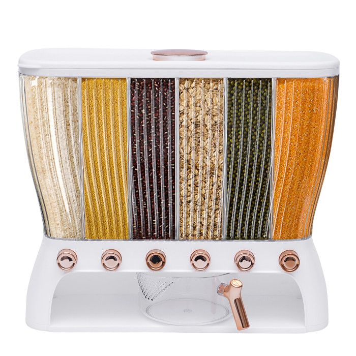 Distributeur de Grains 10kg - avec 6 Divisions - 6 in 1 Distributeur de Céréales pour Stockage de Riz Grains - avec Tasse de