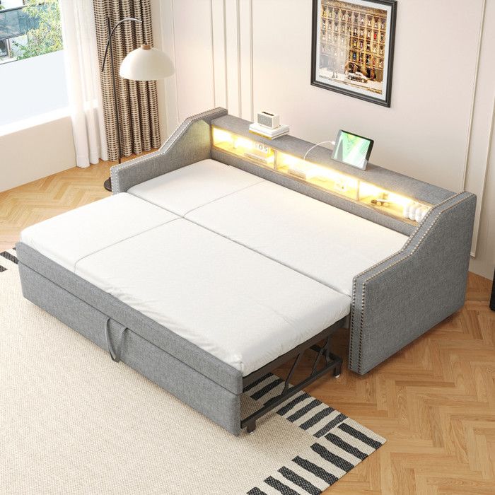Canapé-Lit Convertible 90/180x190 cm avec LED et USB Structure de Lit avec Rangement Multifonctionnel Lit 2 Personnes Gris Clair