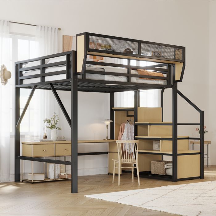 Lit mezzanine 140x200cm - avec échelle - rangements modulables - métal - noir (sans matelas) Lit mezzanine 140x200cm - avec échelle - rangements modulables - métal - noir (sans matelas)
