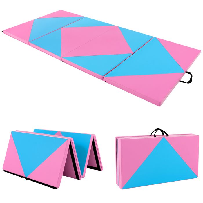 COSTWAY Tapis de Gymnastique pliable 240x117x5cm Matelas dEntrainement en Mousse et PU avec Attaches Auto-agrippantes Bleu+Rose