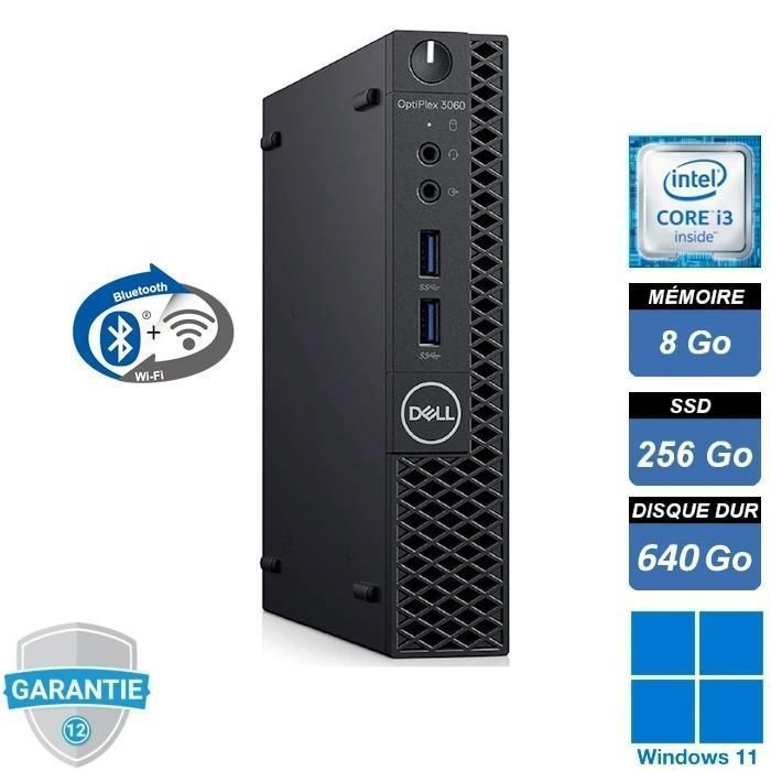 Unité centrale - DELL - 3060 Micro - Intel i3-8100T - RAM 8Go - SSD256Go + HDD 640Go - Wifi - Pc fixe - Win 11 Pro Reconditionné - Dell reconditionné disponible sur Cdiscount Seconde Vie