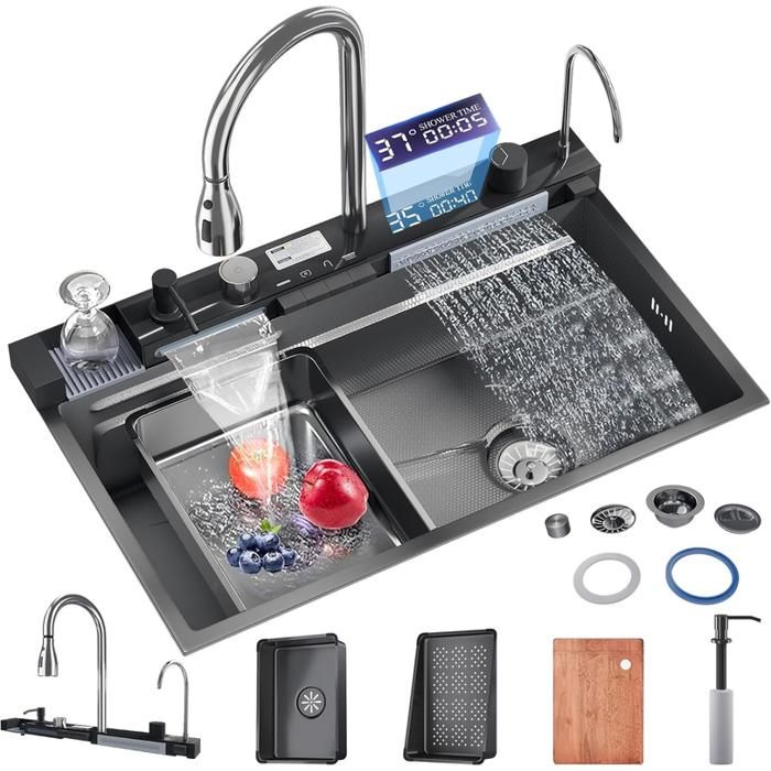 Evier Cuisine Inox Noir 75x45cm Evier De Cuisine 1 Bac Grand Format Avec Robinet Affichage Numérique Distributeur De Savon Gobelet