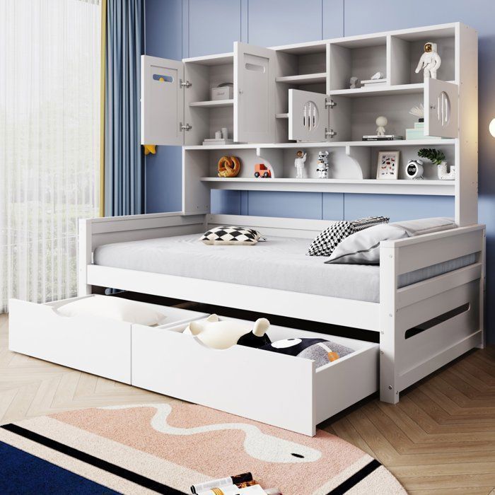 MERAX Lit simple 90x200 cm blanc avec bibliothèque intégrée et 2 tiroirs sommier inclus MERAX Lit simple 90x200 cm blanc avec bibliothèque intégrée et 2 tiroirs sommier inclus