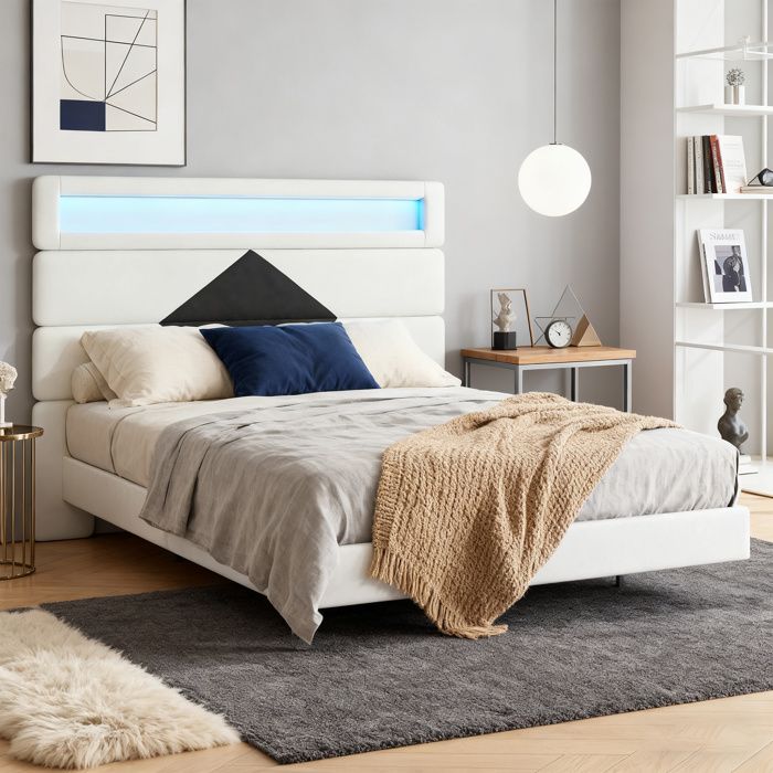 Lit 140x190 cm capitonné TONIU beige en velours avec LED et ports USB sommier inclus