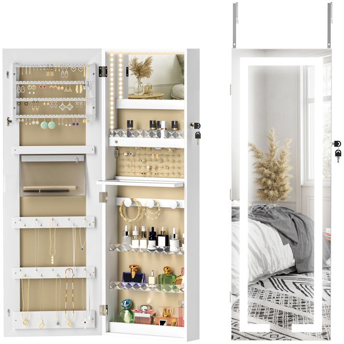 Armoire à bijoux - HOMCOM - mural/de porte - verrouillable - avec LED miroir divers compartiments - blanc