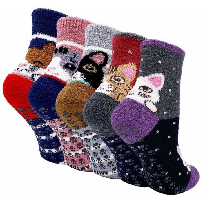 5 Paires Chaussettes Thermiques Antidérapantes Polaire Femme - Hiver Chaussettes Chaude Corail Drôles Chaussette - Motif Chat