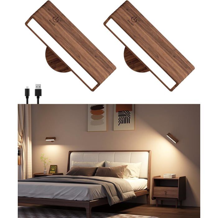 Lampe murale rechargeable rotation à 360 degrés sans fil luminosité réglable (bois de noyer lot de 2)