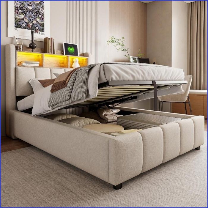 Lit Upholstered 90x200 cm - LED Coloré + USB + Rangement Hydraulique – Beige