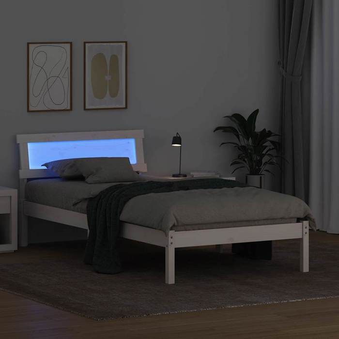 Structure de lit avec tête de lit - UU - Pin massif - 90x190 cm - Blanc - Cadre à lattes - Prise USB - Facile à nettoyer