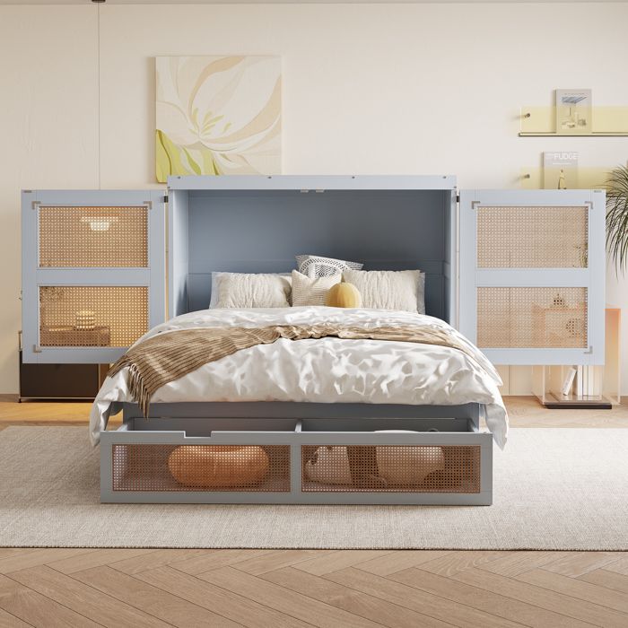Lit escamotable vertical 140x200 bois sommier inclus tiroirs design rotin gain de place Gris