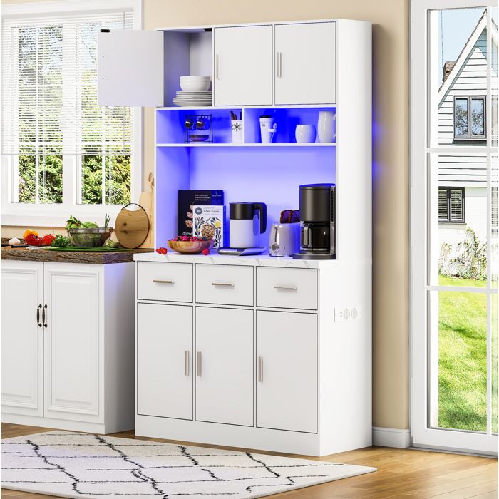HOMVRA Buffet de cuisine 100x40x180 cm avec 6 portes 3 tiroirs éclairage LED contrôlé par application MDF blanc