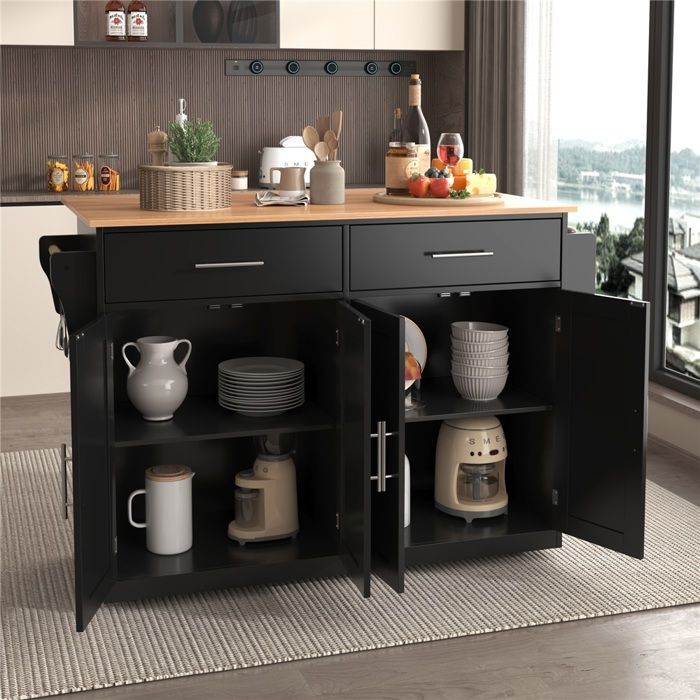 Buffet de cuisine 120 x 46 (70) x 91 cm avec plateau rabattable Buffet bas avec roulettes Buffet salle a manger en noir