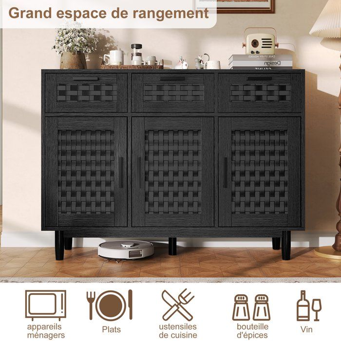 Buffet Placard 3 Portes 3 tiroirs motif de tressage de rotin simulé 108×40×80 cm anti-basculement pour Cuisine Salon Noir