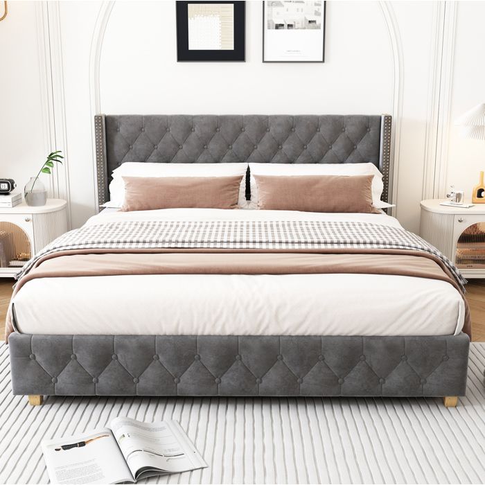 Lit double gris 180×200 cm sommier à lattes inclus tête de lit capitonnée pieds renforcés